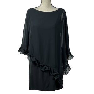 XSCAPE Black Ruffle edge sheer cape mini dress .